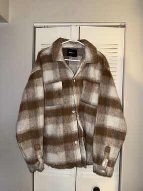 Nova men Sherpa flannel jacket brown cream plaid fleece oversized cozy size L